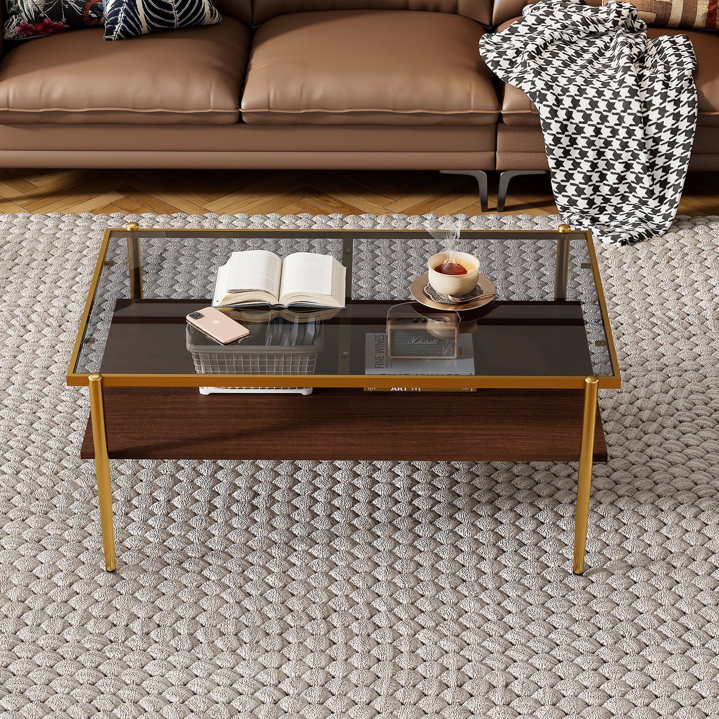 Rectangle Coffee Table With Tempered Glass Top, Modern Table For Living Room - Gray / Gold