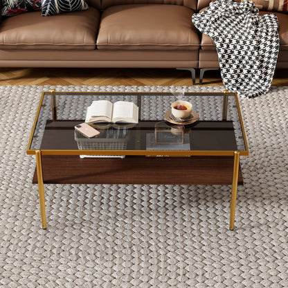 Rectangle Coffee Table With Tempered Glass Top, Modern Table For Living Room - Gray / Gold