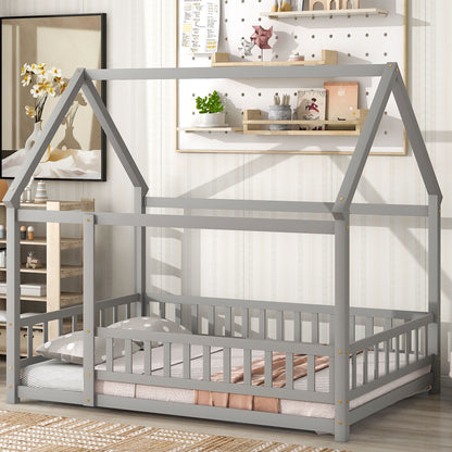 Full Size Floor Wooden Bed With House Roof Frame, Fence Guardrails - Gray