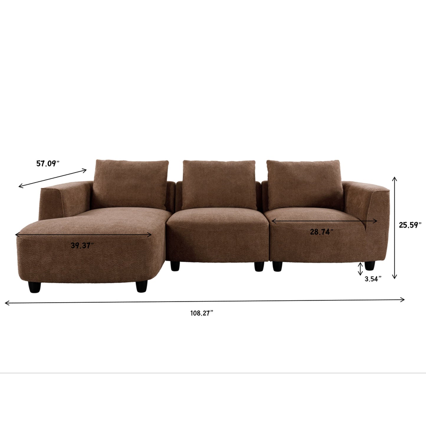 Mid - Century Modern Three Seater Sofa, Lamb Wool Fabric - Camel