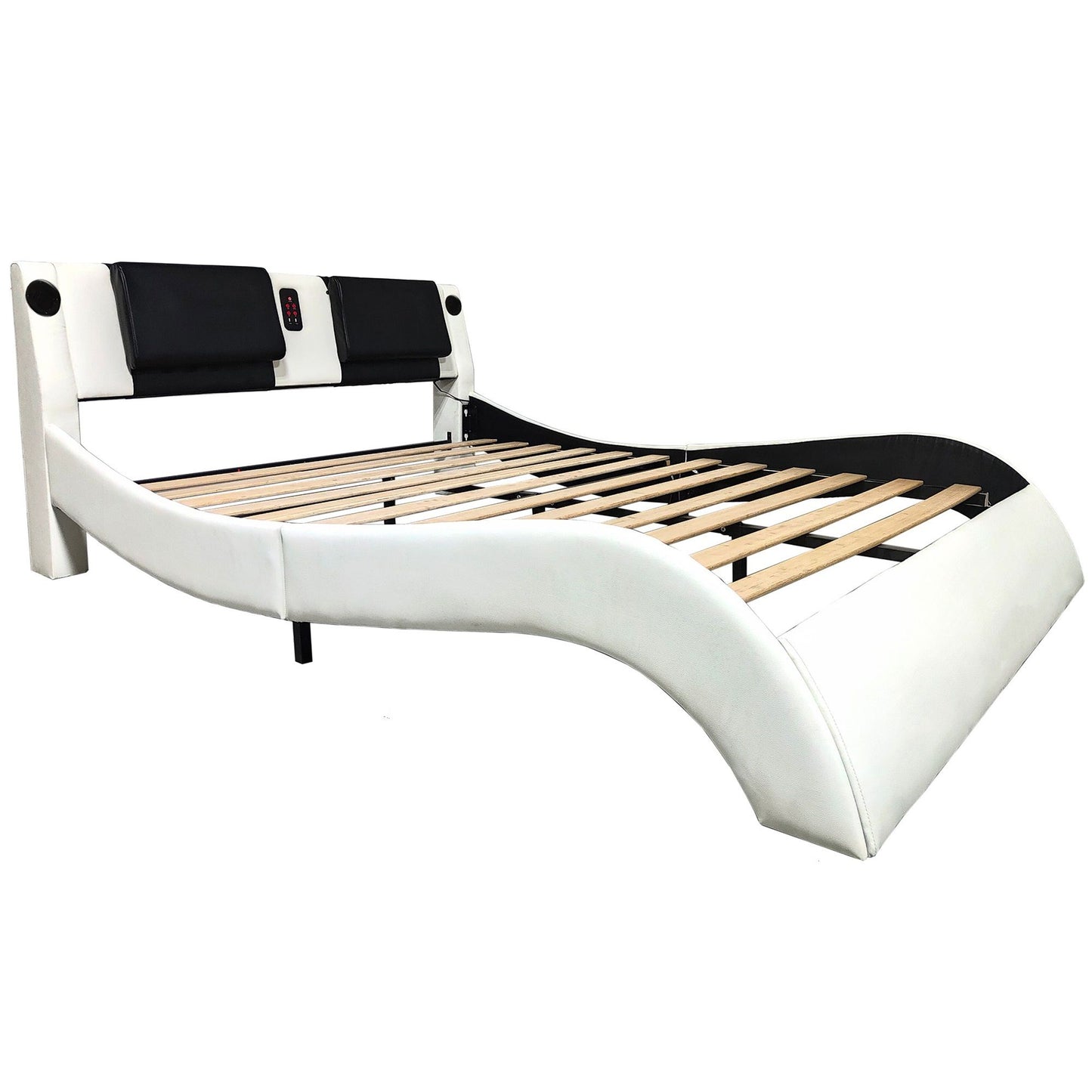 King Size Upholstered Platform Bed Frame With LED Lighting, Bluetooth Connection To Play Music Control, Backrest Vibration Massage, Curve Design, Wood Slat Support, Exhibited Speakers - White