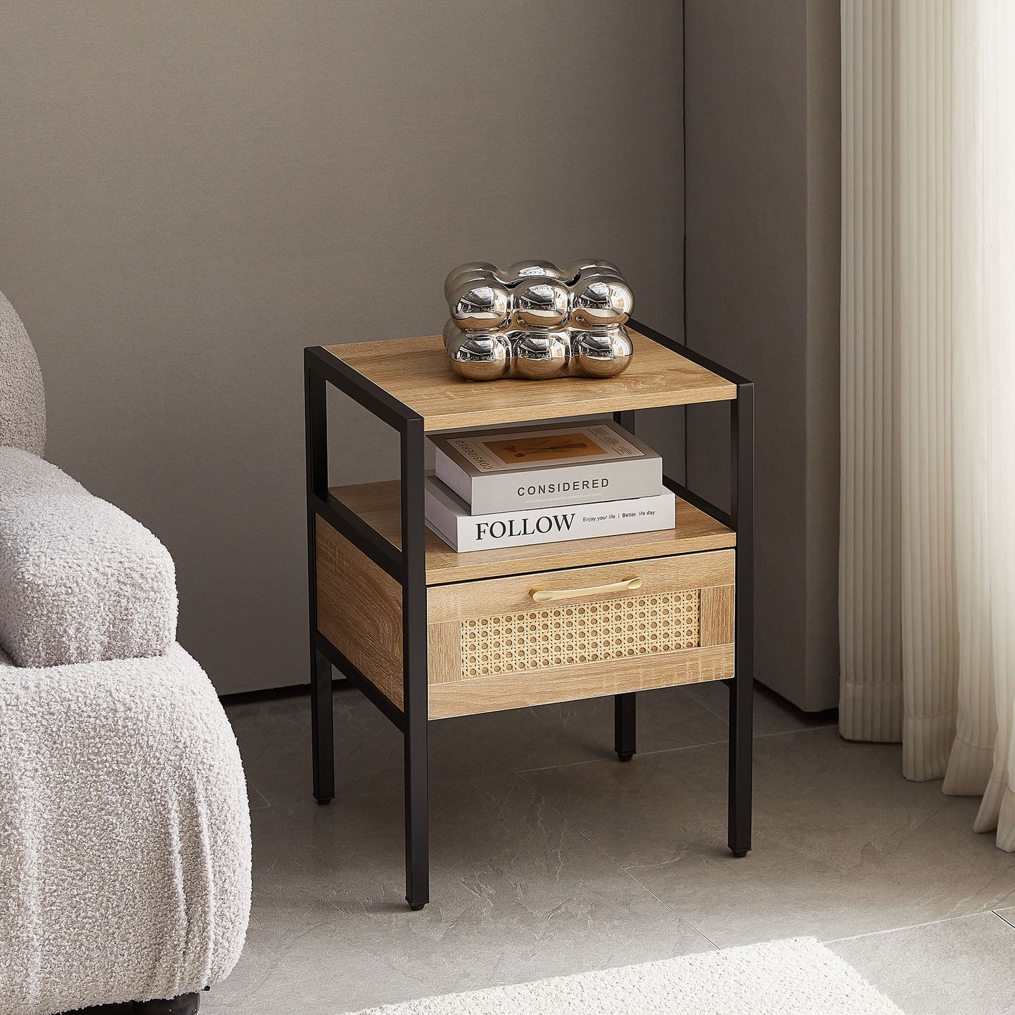 Rattan End Table With Drawer, Modern Nightstand, Metal Legs, Side Table For Living Room, Bedroom - Natural