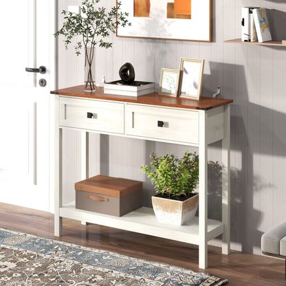 Farmhouse Style Console Table With 2 Drawers And Bottom Storage Shelf - Antique White