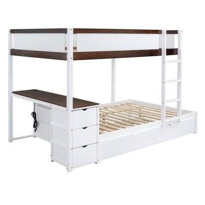 Full Over Full Bunk Bed With Twin Size Trundle, Storage And Desk - White / Walnut