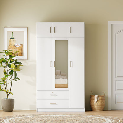 Modern 3 Door Mirror Wardrobe With 2 Drawers And Top Cabinet - White