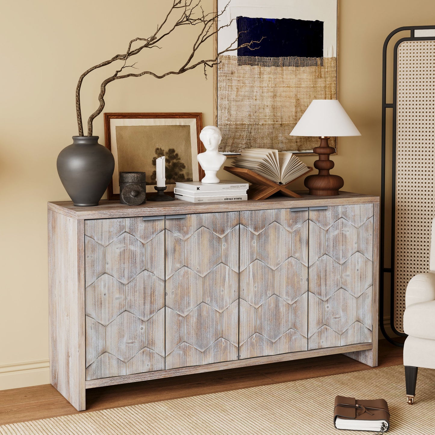 Accent Cabinet Farmhouse Style 4 Door Wooden Cabinet Sideboard Buffet Server Cabinet Storage Cabinet, For Living Room, Entryway, Hallway, Office, Kitchen And Dining Room - Natural Wood Wash