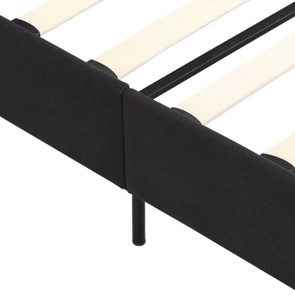 King Size Upholstered Platform Bed Frame With Linen Fabric Headboard, No Box Spring Needed, Wood Slat Support - Black
