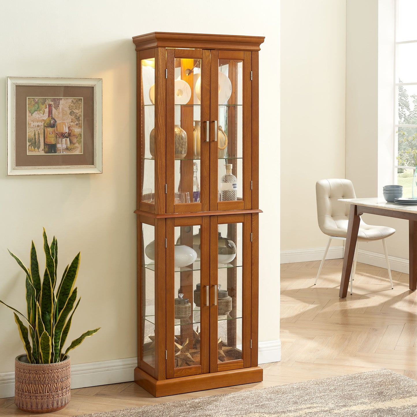 Curio Cabinet Lighted Curio Diapaly Cabinet With Adjustable Shelves And Mirrored Back Panel, Tempered Glass Doors (6 Tier), (E26 Light Bulb Not Included) - Oak