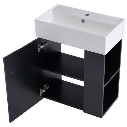 Modern Floating Bathroom Vanity With Ceramic Basin, Perfect For Small Bathrooms, Right Side Storage - Black