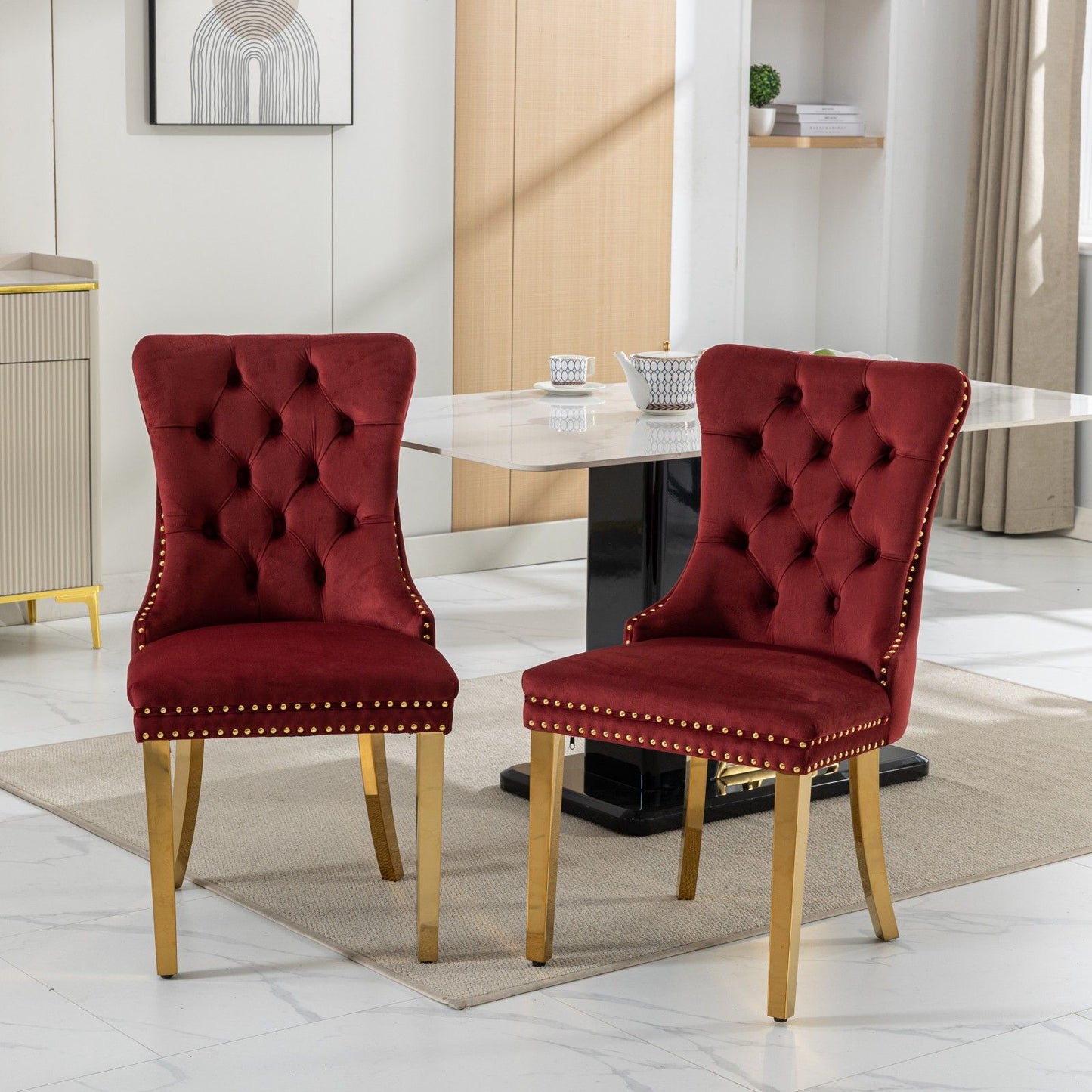 Nikki - Modern, High-End Tufted Solid Wood Contemporary Velvet Upholstered Dining Chair With Golden Stainless Steel Plating Legs, Nailhead Trim (Set of 2) - Burgundy
