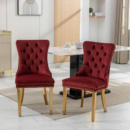 Nikki - Modern, High-End Tufted Solid Wood Contemporary Velvet Upholstered Dining Chair With Golden Stainless Steel Plating Legs, Nailhead Trim (Set of 2) - Burgundy