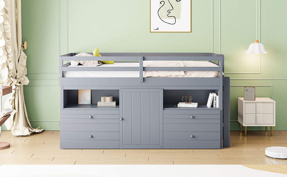 Twin Size Loft Bed With 4 Drawers, Underneath Cabinet And Shelves - Gray