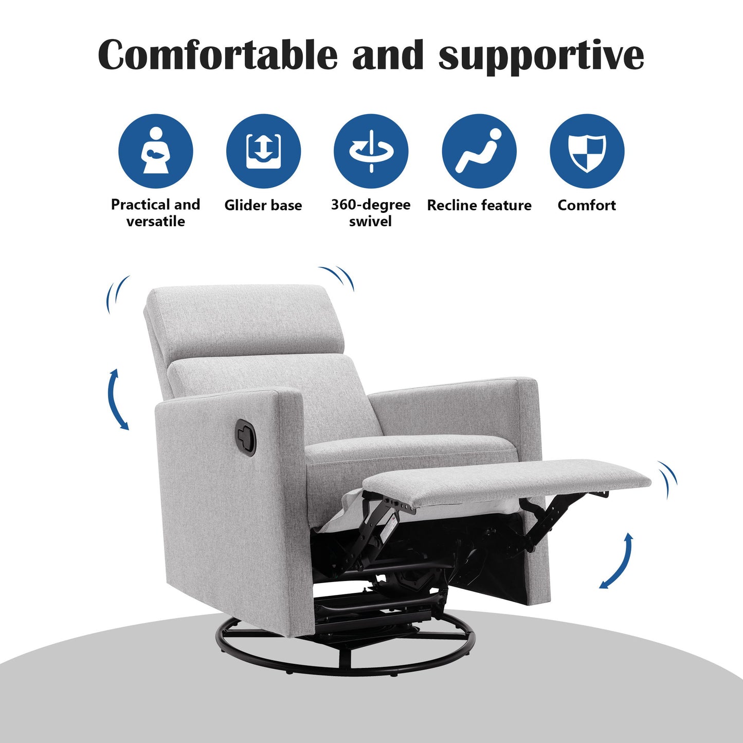 Modern Upholstered Rocker Nursery Chair Plush Seating Glider Swivel Recliner Chair - Gray