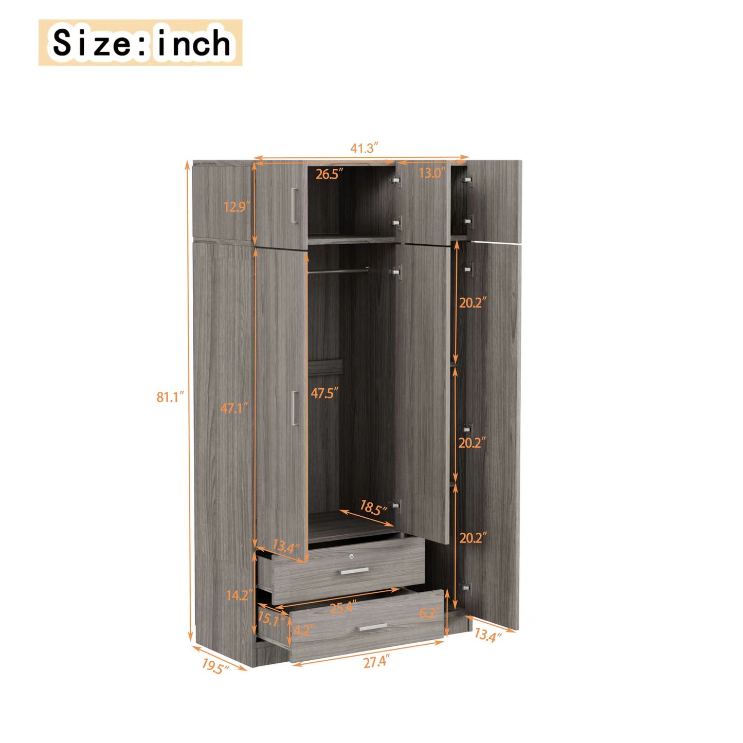 Modern 3 Door Mirror Wardrobe With 2 Drawers And Top Cabinet - Gray