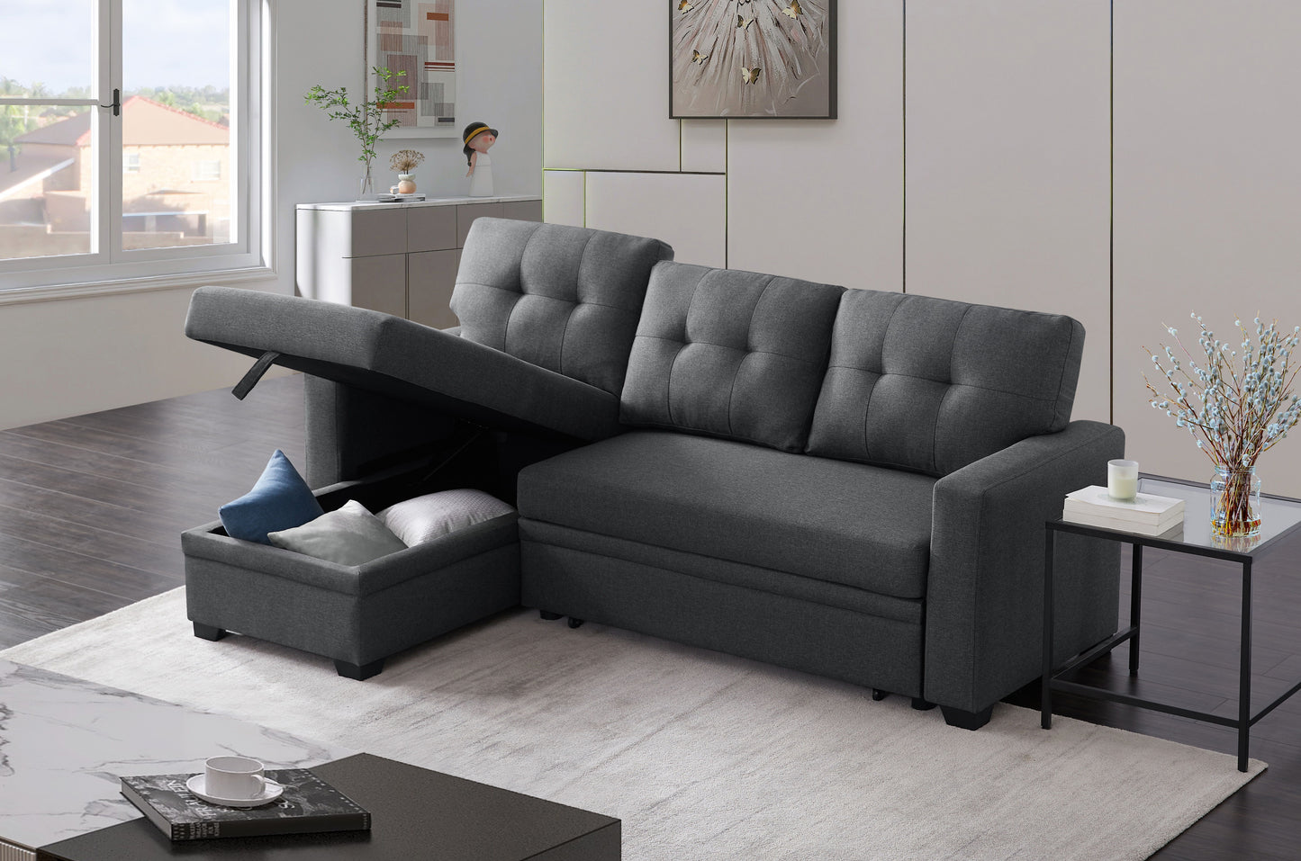 Upholstered Pull Out Sectional Sofa & Chaise - Dark Gray