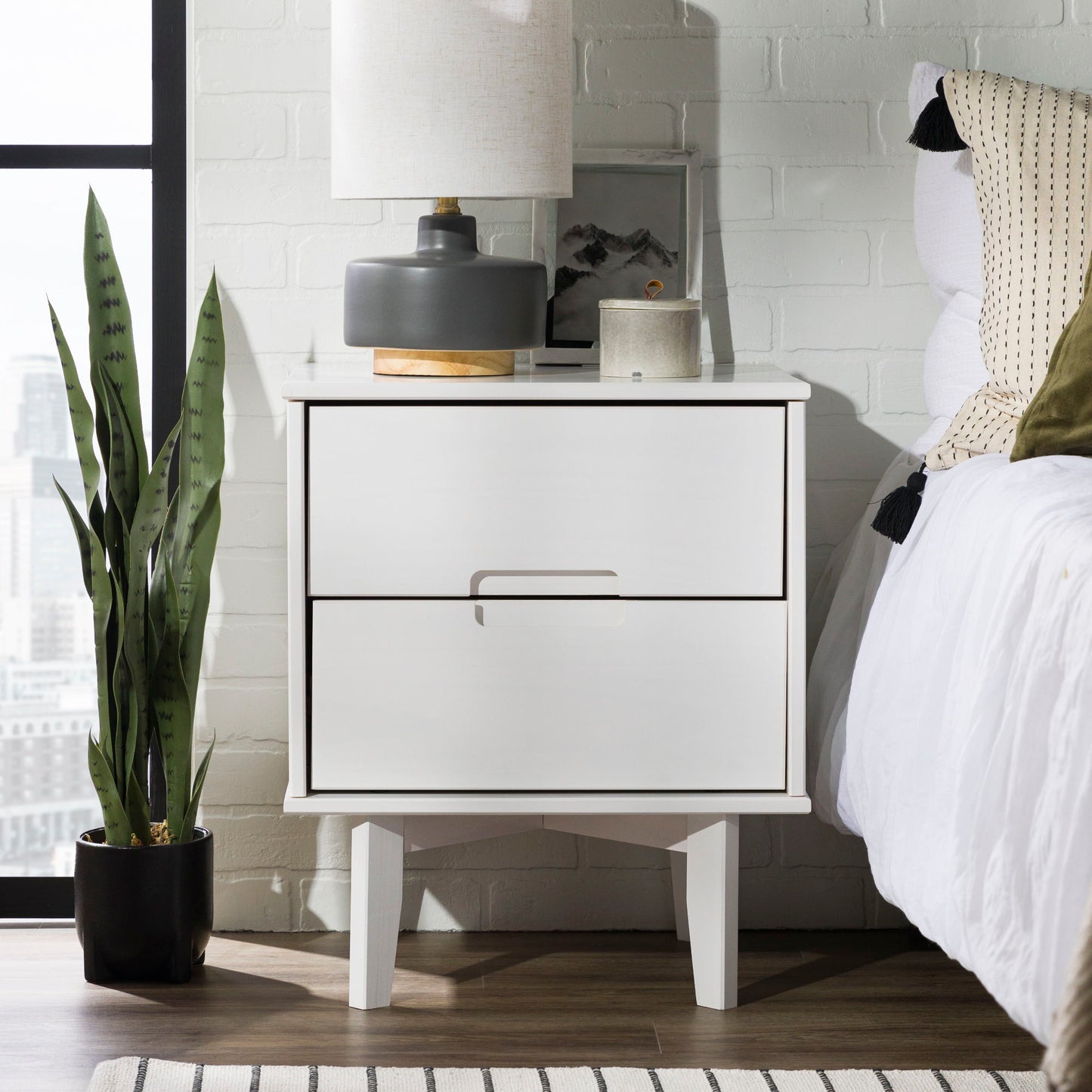 Mid-Century Modern 2 Drawer Solid Wood Nighstand With Cutout Handles - White