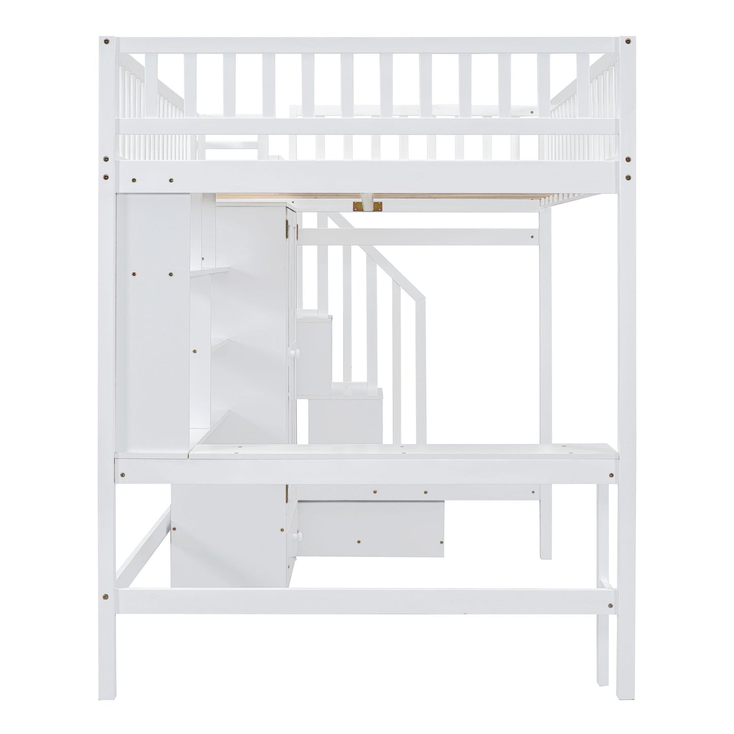 Full Size Loft Bed With Bookshelf, Drawers, Desk, And Wardrobe - White