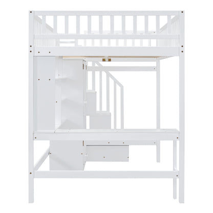 Full Size Loft Bed With Bookshelf, Drawers, Desk, And Wardrobe - White