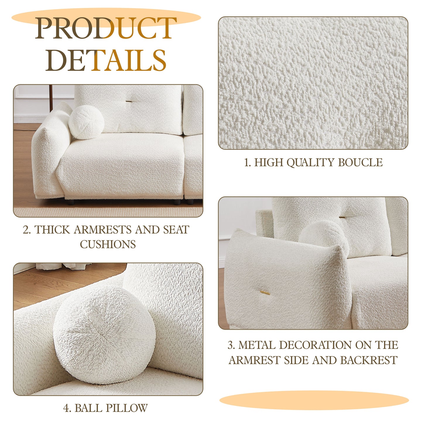 Lamb's Wool 2 Seater Cushion Sofa Comfortable Sofa For Living Room Bedroom And Other Casual Spaces Lamb's Wool Sofa With 2 Cushions And 2 Ball Pillows - White