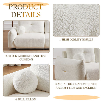 Lamb's Wool 2 Seater Cushion Sofa Comfortable Sofa For Living Room Bedroom And Other Casual Spaces Lamb's Wool Sofa With 2 Cushions And 2 Ball Pillows - White