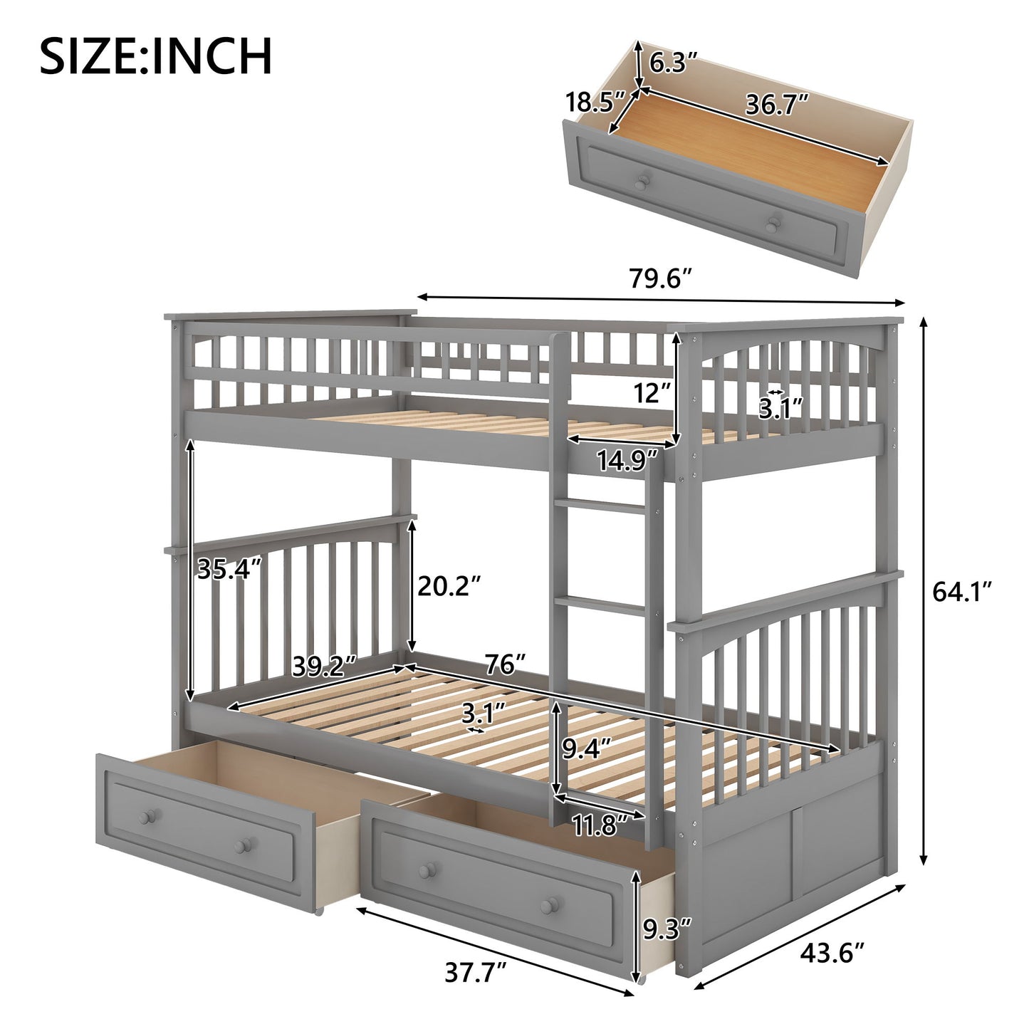 Twin Over Twin Bunk Bed With Drawers, Convertible Beds - Gray