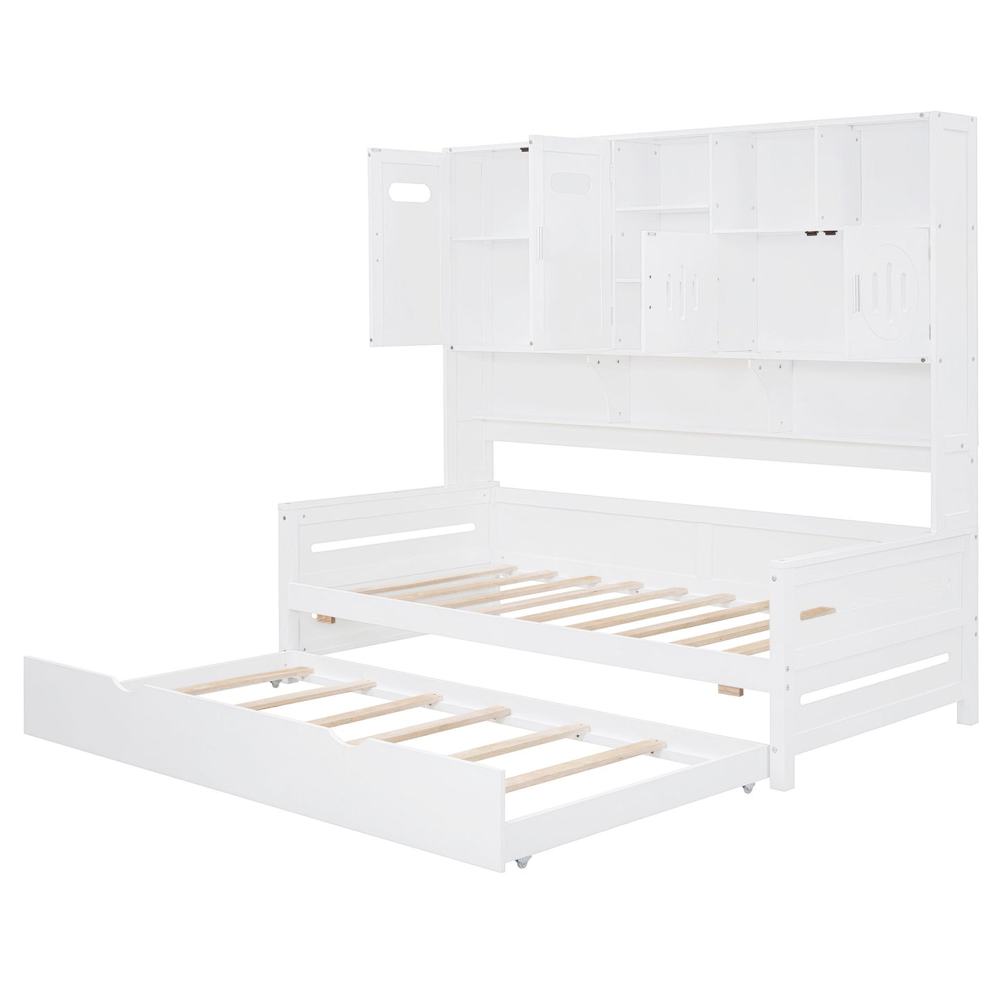 Twin Size Wooden Daybed With Twin Size Trundle, And All In One Cabinet And Shelf - White