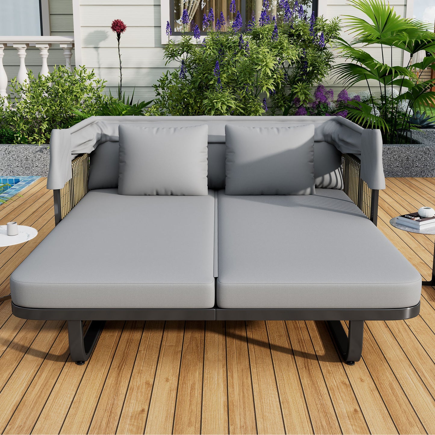 Outdoor Patio Daybed Rattan Daybed Outdoor Sunbed With Detachable Pillows For Patio, Backyard, Pool - Gray
