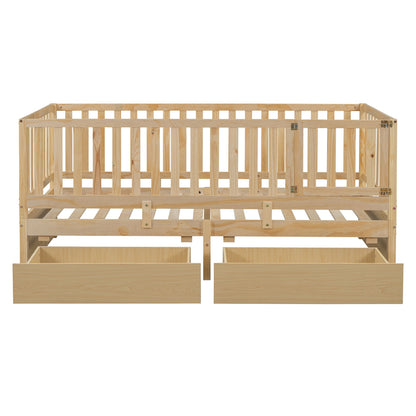 Twin Size Daybed With Fence Guardrails And 2 Drawers, Versatile Split Floor Bed & Daybed - Natural