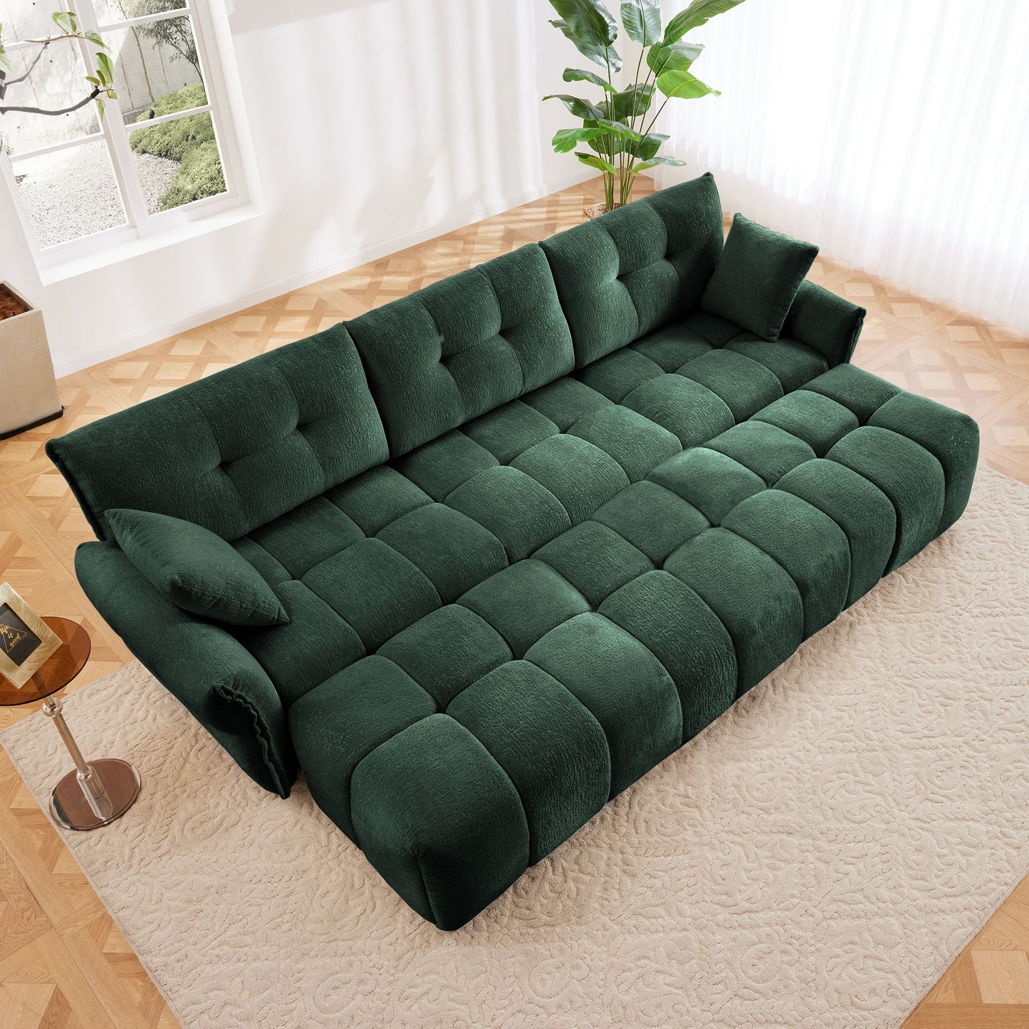 Elegant Textured 3 Seater Sofa Set With 3 Ottomans And Pillows Frame - Green