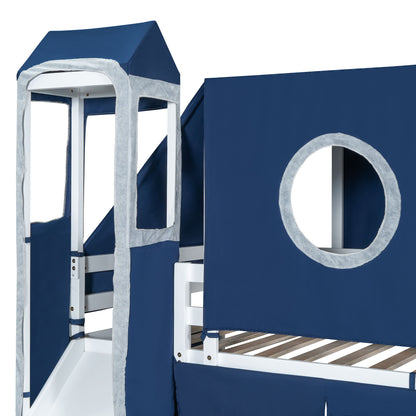 Twin Size Loft Bed With Tent And Tower - Blue