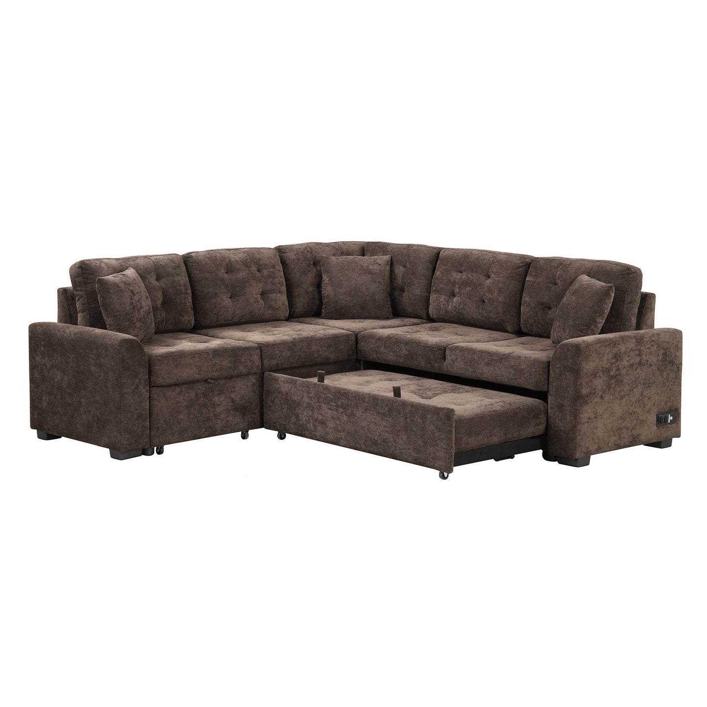 L-Shape Sofa Bed Pull-Out Sleeper Sofa With Wheels, USB Ports, Power Sockets For Living Room - Brown