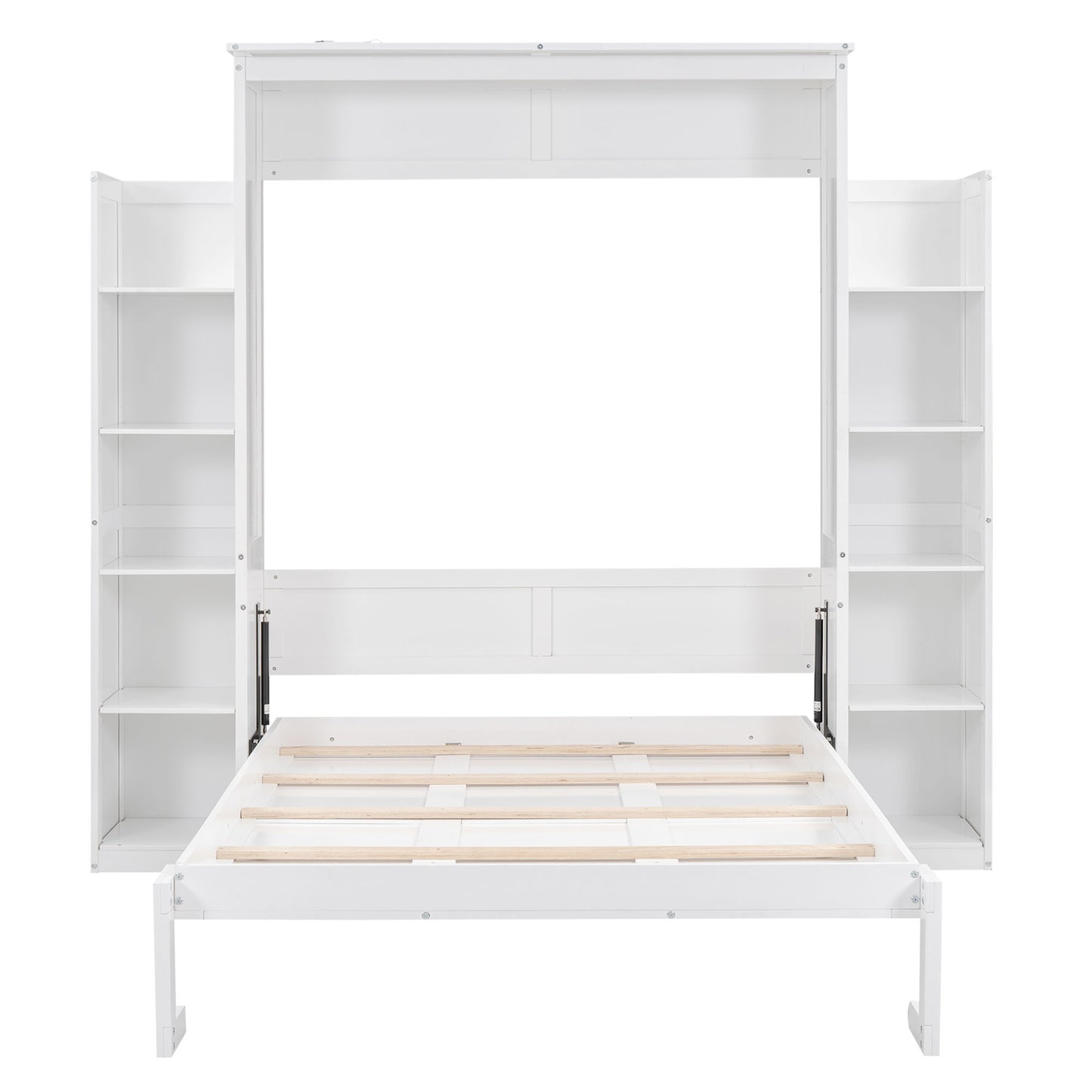 Full Size Murphy Wall Bed With Shelves And LED Lights - White