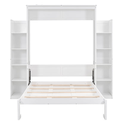 Full Size Murphy Wall Bed With Shelves And LED Lights - White