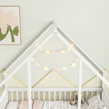 Twin Wood House-Shaped Floor Bed With Fence, Guardrails - White
