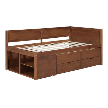 Twin Size Daybed With Drawers And Shelves - Walnut