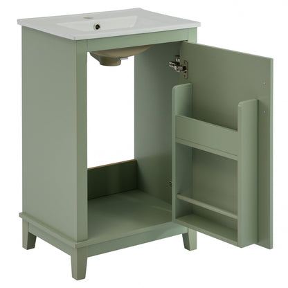 Modern Small Bathroom Vanity Cabinet With Ceramic Basin, Ample Storage, 1 Soft Close Door - Green