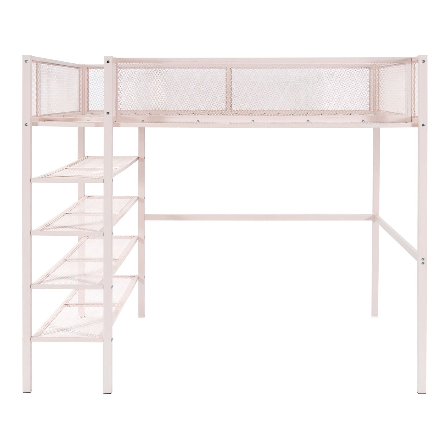 Full Size Loft Bed With 4 Tier Shelves And Storage - Pink
