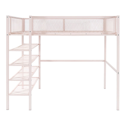 Full Size Loft Bed With 4 Tier Shelves And Storage - Pink