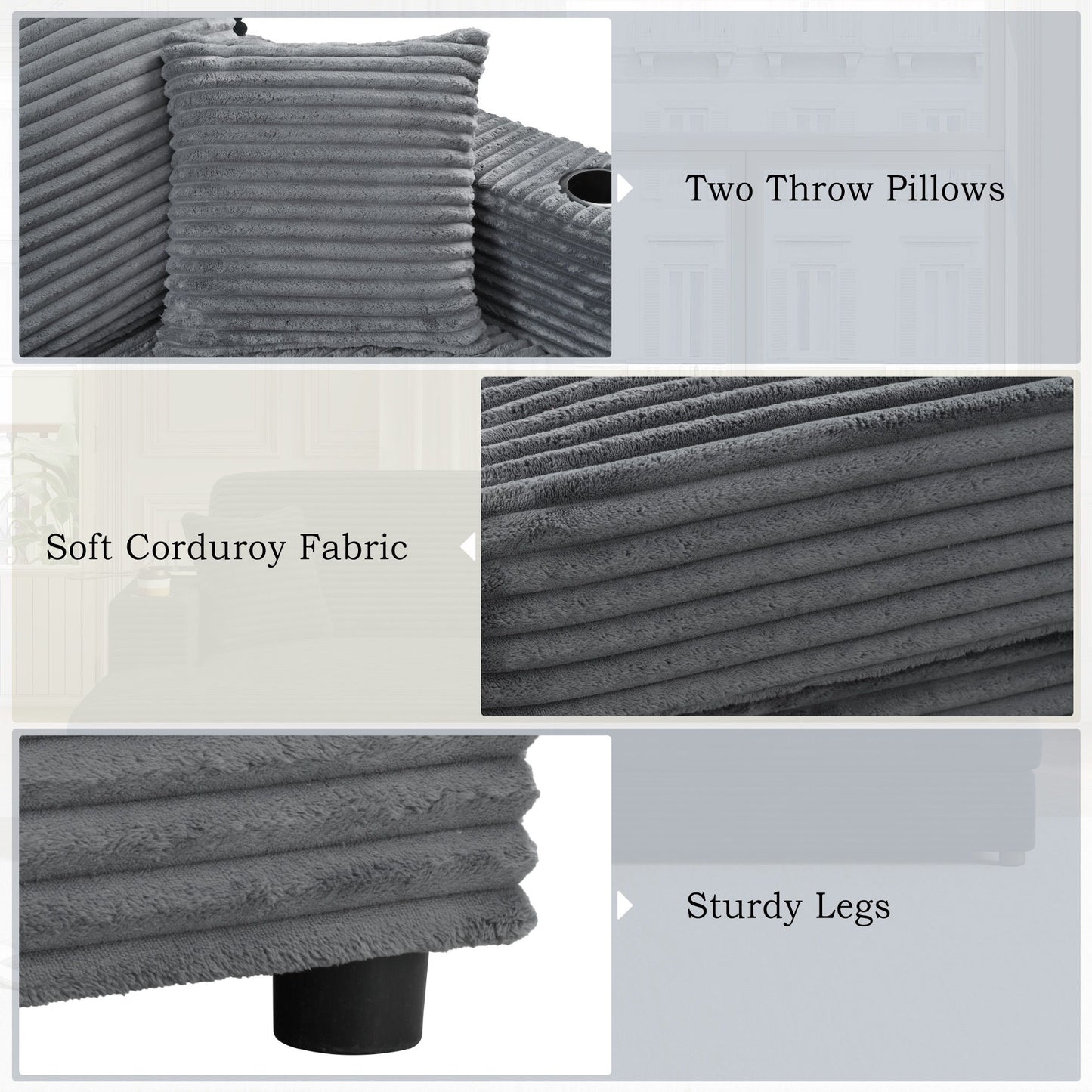 Oversized Loveseat Chaise Lounge Sectional Sofa Bed Corduroy Sleeper Sofa With 2 USB Ports, 2 Cup Holders And 2 Throw Pillows For Living Room And Bedroom - Dark Gray