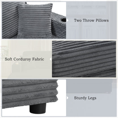 Oversized Loveseat Chaise Lounge Sectional Sofa Bed Corduroy Sleeper Sofa With 2 USB Ports, 2 Cup Holders And 2 Throw Pillows For Living Room And Bedroom - Dark Gray