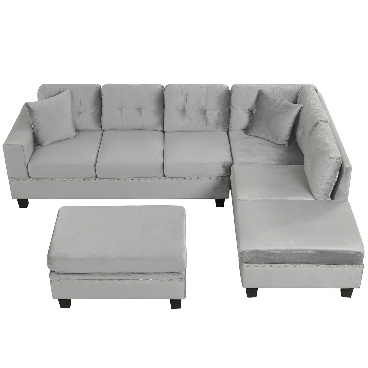 Modern Sectional Sofa With Storage Ottoman, L - Shape Couch With 2 Pillows And Cup Holders - Gray
