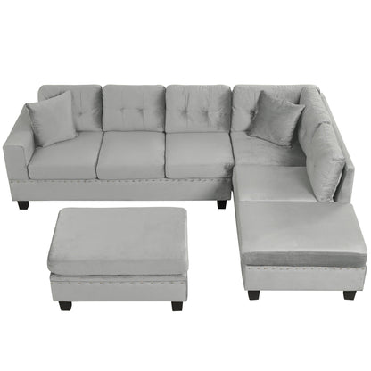 Modern Sectional Sofa With Storage Ottoman, L - Shape Couch With 2 Pillows And Cup Holders - Gray
