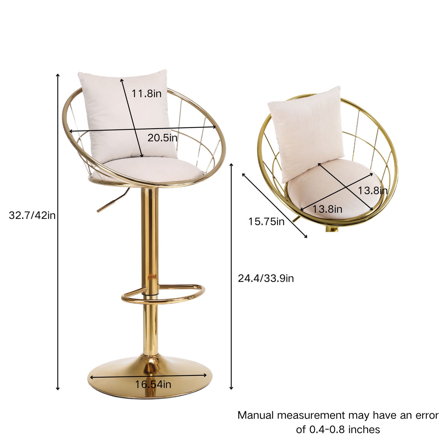 Velvet Bar Chair, Pure Gold Plated, Unique Design, 360 Degree Rotation, Adjustable Height, Suitable For Dining Room And Bar, (Set of 2) - Off White