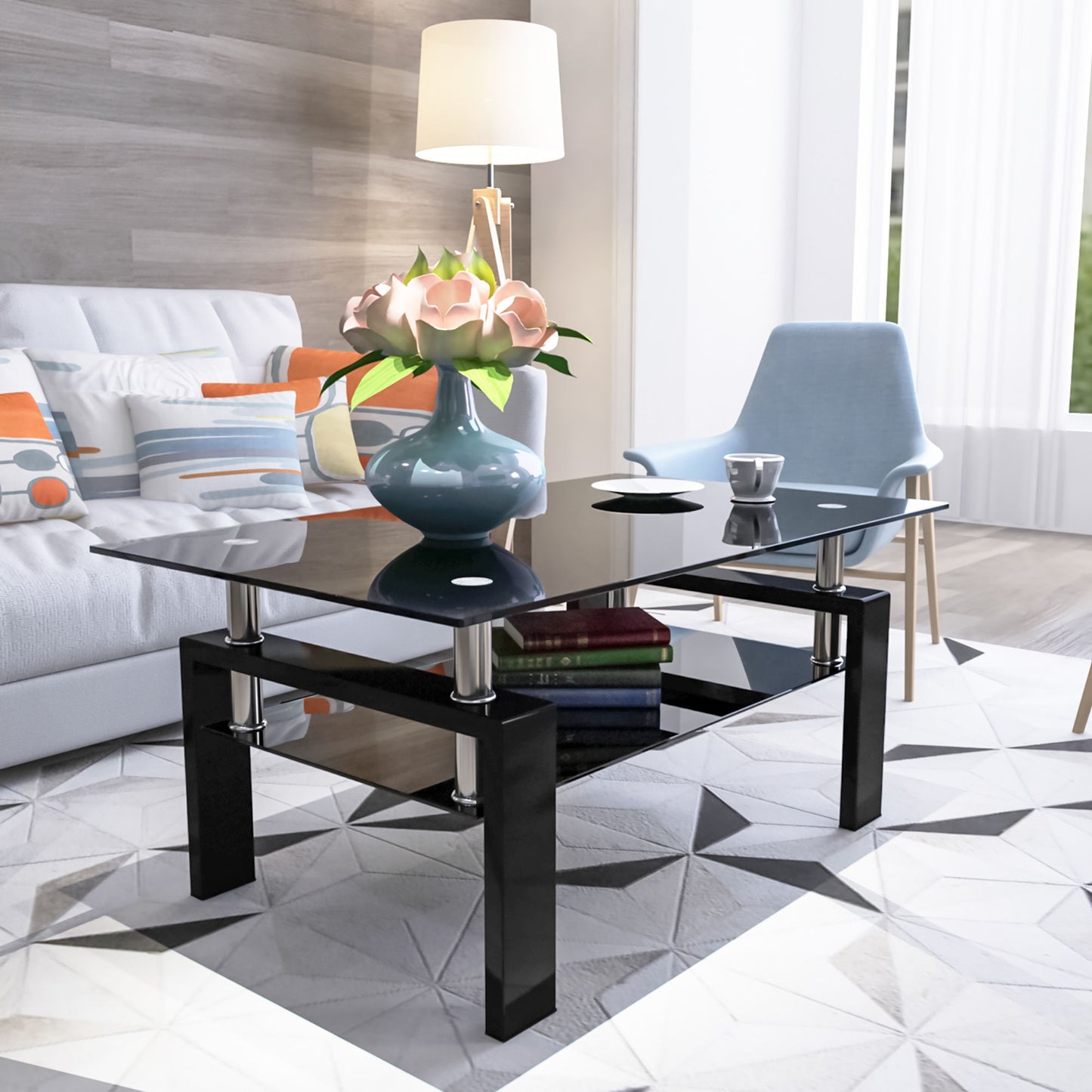 Rectangle Coffee Table, Modern Side Center Tables For Furniture - Black / Clear