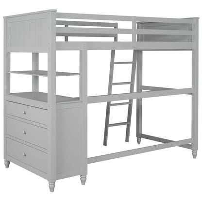 Twin Size Loft Bed With Drawers And Desk, With Shelves - Gray