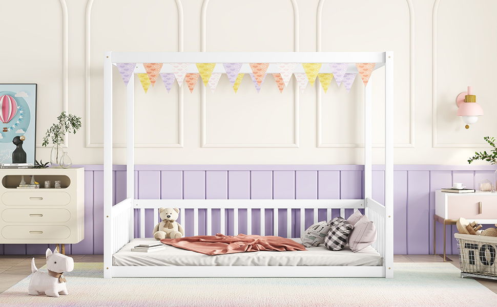 Full Size Canopy Frame Floor Bed With Fence, Guardrails - White