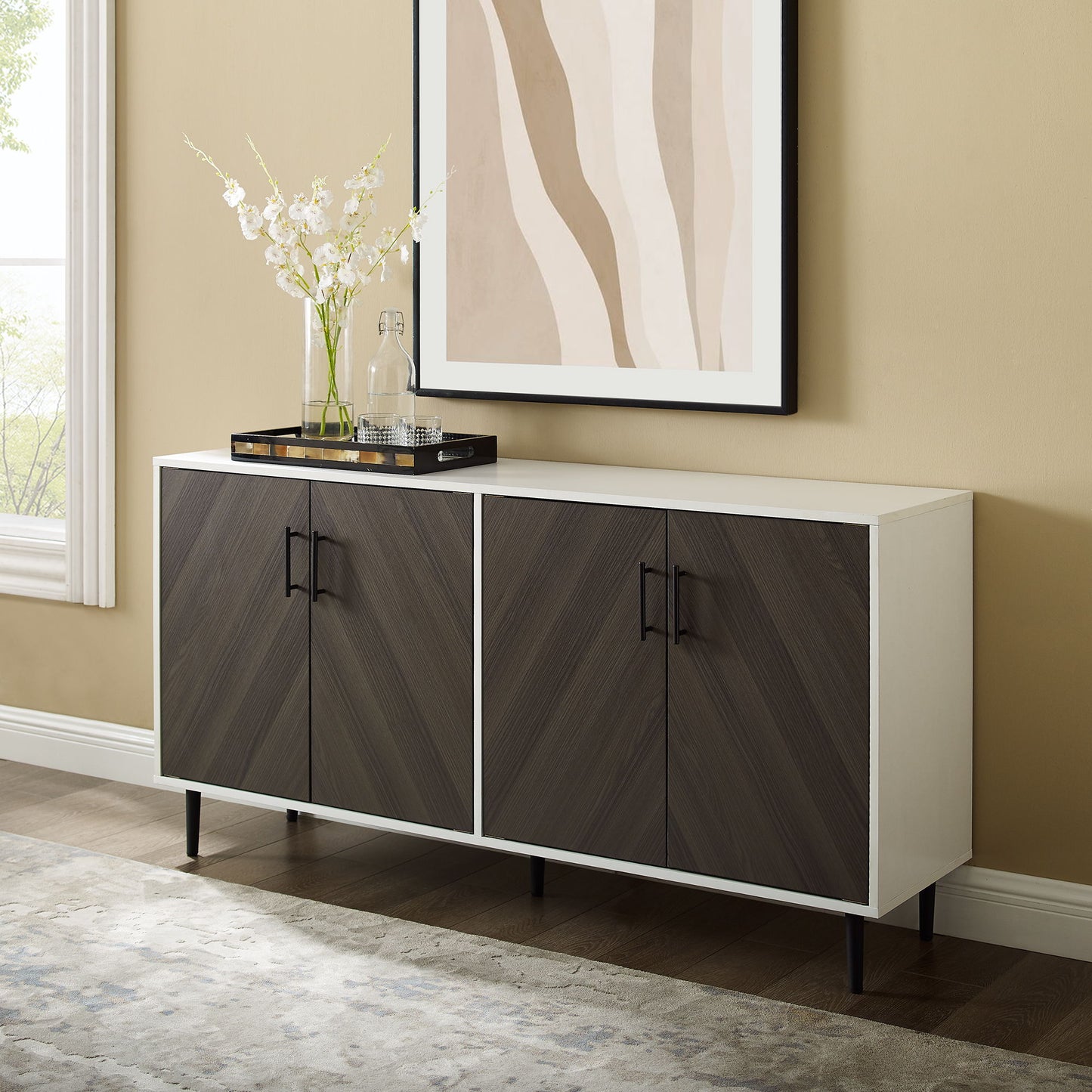 Mid-Century Modern Faux Bookmatch Door Buffet - Ash Brown / Solid White