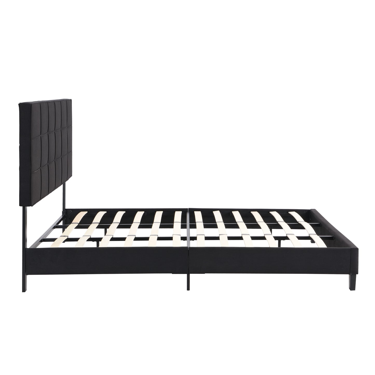 King Size Upholstered Platform Bed Frame With Linen Fabric Headboard, No Box Spring Needed, Wood Slat Support - Black