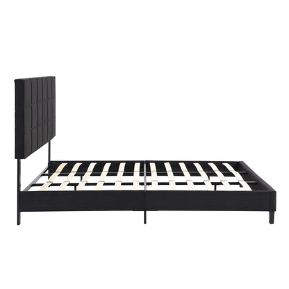 King Size Upholstered Platform Bed Frame With Linen Fabric Headboard, No Box Spring Needed, Wood Slat Support - Black