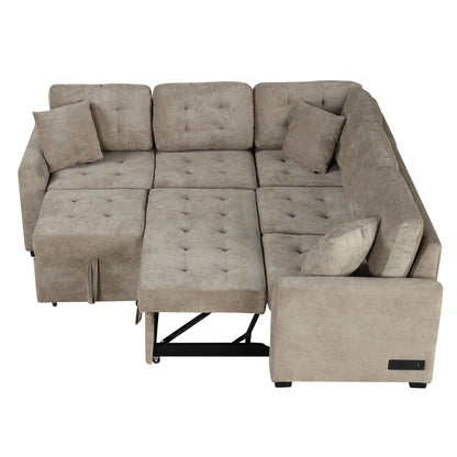 L-Shape Sofa Bed Pull-Out Sleeper Sofa With Wheels, USB Ports, Power Sockets For Living Room - Khaki